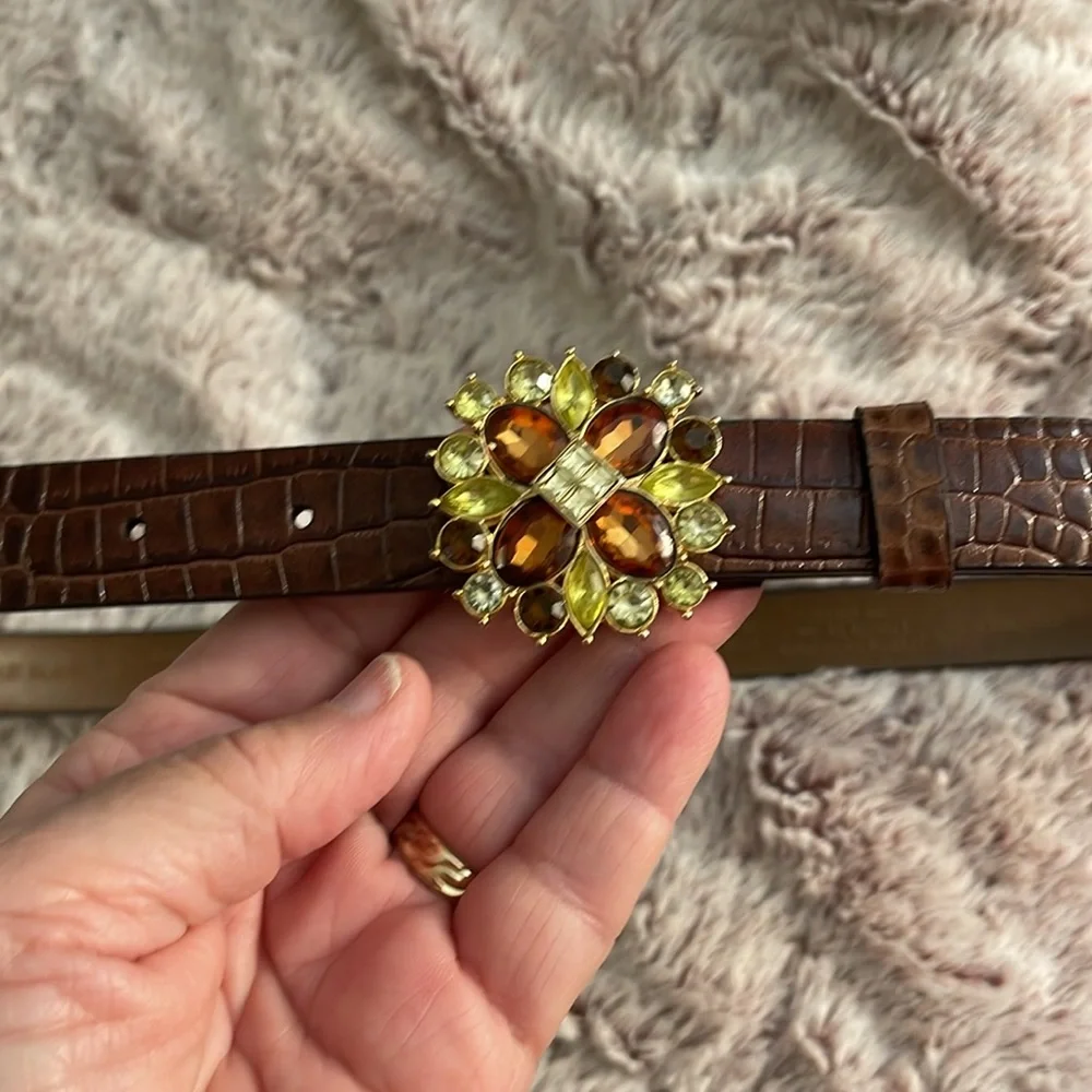 Liz Claiborne Y2K belt brown moc croc with colorful rhinestone buckle women Sz L